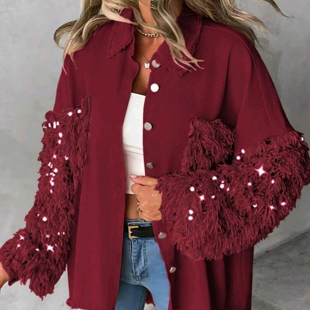 Spring & Fall Turn-Down Collar Contrast Sequin Raw Hem Button Front Jacket - Picture 2 of 5